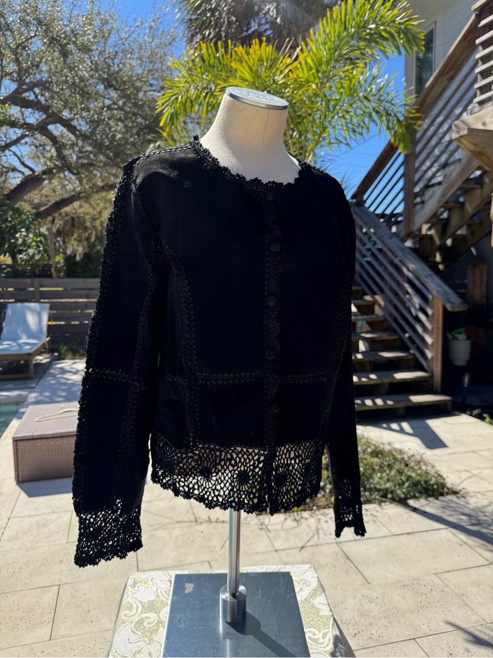 Vintage 1990s Black Suede Leather Shirt Jacket crochet trimmed